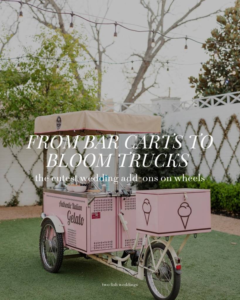 Looking to add a little fun on wheels to your wedding day? Save this post! From bar carts to flower