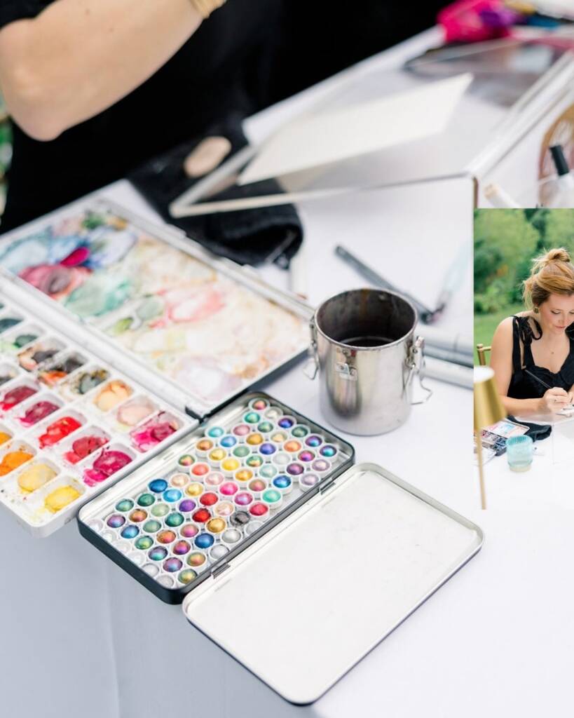 @goldenhourliveart watercolor portraits are always a guest favorite! Not only are they a fun activation for your wedding, but they